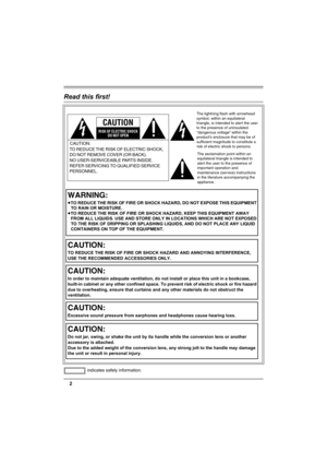 Page 22
Read this first!
The lightning flash with arrowhead 
symbol, within an equilateral 
triangle, is intended to alert the user 
to the presence of uninsulated 
“dangerous voltage” within the 
product’s enclosure that may be of 
sufficient magnitude to constitute a 
risk of electric shock to persons.
CAUTION
CAUTION:
TO REDUCE THE RISK OF ELECTRIC SHOCK, 
DO NOT REMOVE COVER (OR BACK).
NO USER-SERVICEABLE PARTS INSIDE.
REFER SERVICING TO QUALIFIED SERVICE 
PERSONNEL.
The exclamation point within an...