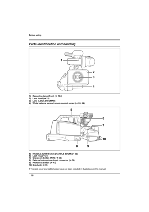 Page 18Before using
18
Parts identification and handling
1) Recording lamp (front) (l104)
2) Lens hood (l23)
3) Lens (LEICA DICOMAR)
4) White balance sensor/remote control sensor (l26, 64)
5) HANDLE ZOOM Switch [HANDLE ZOOM] (l52)
6) Lock ring (l24)
7) Grip zoom button [W/T] (l52)
8) External microphone input connector (l58)
9) Photoshot button (l47)
10) Grip belt (l22)
≥The jack cover and cable holder have not been included in illustrations in this manual.
1 
2 
3 
4 
5 
6
810
9
7
VQT1Q93_ENG_PP.book  18 ページ...