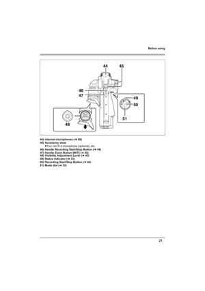 Page 21Before using
21
44) Internal microphones (l58)
45) Accessory shoe
≥You can fit a microphone (optional), etc.
46) Handle Recording Start/Stop Button (l44)
47) Handle Zoom Button [W/T] (l52)
48) Visibility Adjustment Lever (l43)
49) Status indicator (l33)
50) Recording Start/Stop Button (l44)
51) Mode dial (l33)
44
46
47
4851 45
49
50
VQT1Q93_ENG_PP.book  21 ページ  ２００８年３月６日　木曜日　午後５時４２分 