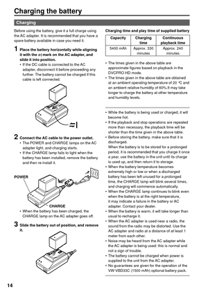 Page 14Charging the battery
14
Charging
Before using the battery, give it a full charge using 
the AC adapter. It is recommended that you have a 
spare battery available in case you need it.
1 Place the battery horizontally while aligning 
it with the  mark on the AC adapter, and 
slide it into position.
•  If the DC cable is connected to the AC 
adapter, disconnect it before proceeding any 
further. The battery cannot be charged if this 
cable is left connected.
2 Connect the AC cable to the power outlet.
•...