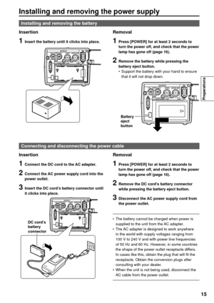 Page 1515
Preparations
Installing and removing the power supply
Insertion
1 Insert the battery until it clicks into place.
Removal
1  Press [POWER] for at least 2 seconds to 
turn the power off, and check that the power 
lamp has gone off (page 16).
2  Remove the battery while pressing the 
battery eject button.
•  Support the battery with your hand to ensure 
that it will not drop down.
OUTPUTCH 1 CH 2AUDIOVIDEO
1394 HD/SD-SDI
COMPONENT OUT
OPEN
Insertion
1 Connect the DC cord to the AC adapter.
2 Connect the...