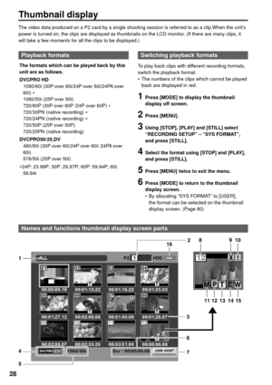 Page 2828
Thumbnail display
The video data produced on a P2 card by a single shooting session is referred to as a clip.When the unit’s 
power is turned on, the clips are displayed as thumbnails on the LCD monitor. (If there are many clips, it 
will take a few moments for all the clips to be displayed.)
Playback formats
The formats which can be played back by this 
unit are as follows.
DVCPRO HD
  1080/60i (30P over 60i/24P over 60i/24PA over 
60i) 
∗  1080/50i (25P over 50i)
  720/60P (30P over 60P /24P over...