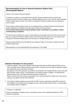 Page 44
Software information for this product1.  Customer advisory: This product includes software licensed under the GNU General Public License 
(GPL) and GNU Lesser General Public License (LGPL); customers have the right to download, modify, 
and redistribute source code for this software.
  Descriptions of the GPL and LGPL are stored on the installation CD included with this camera-recorder.
  See the folder named \LDOC. (The description is the original (written in English).) To download the 
relevant...