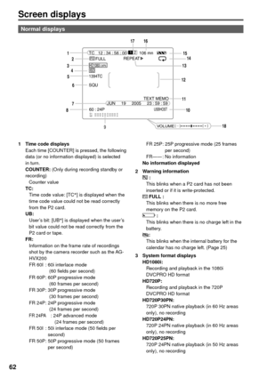 Page 6262
Normal displays
Screen displays
1  Time code displays
Each time [COUNTER] is pressed, the following 
data (or no information displayed) is selected 
in turn.
COUNTER: (Only during recording standby or 
recording)
 Counter value
TC:
  Time code value: [TC∗
] is displayed when the 
time code value could not be read correctly 
from the P2 card.
UB:
  User’s bit: [UB∗
] is displayed when the user’s 
bit value could not be read correctly from the 
P2 card or tape.
FR:
  Information on the frame rate of...