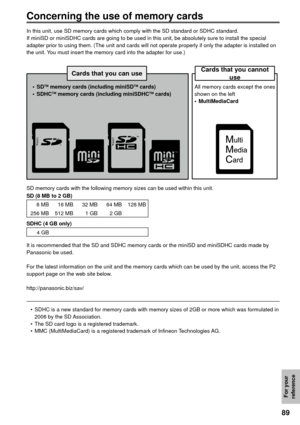 Page 8989
For your 
reference
Concerning the use of memory cards
In this unit, use SD memory cards which comply with the SD standard or SDHC standard.
If miniSD or miniSDHC cards are going to be used in this unit, be absolutely sure to install the special 
adapter prior to using them. (The unit and cards will not operate properly if only the adapter is installed on 
the unit. You must insert the memory card into the adapter for use.)
SD memory cards with the following memory sizes can be used within this unit....