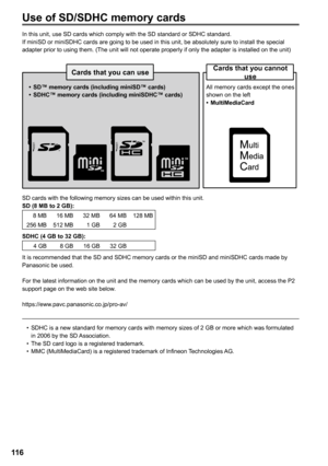 Page 116
116

Use of SD/SDHC memory cards
In this unit, use SD cards which comply with the SD standard or SDHC standard.If miniSD or miniSDHC cards are going to be used in this unit, be absolutely sure to install the special adapter prior to using them. (The unit will not operate properly if only the adapter is installed on the unit) 
Cards that you can useCards that you cannot 
use
• SD™ memory cards (including miniSD™ cards)
•  SDHC™ memory cards (including miniSDHC™ cards)All memory cards except the ones...
