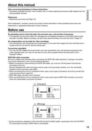 Page 15
15
Introduction

Be absolutely sure to check the date, time and time zone, and set them i\
f necessary.The calendar and time zone affect the management and playback sequence of the data content which has been recorded. Before recording, set and check year/month/day, time and time zone. (Page 27)
No compensation can be made for video recordings.The manufacturer will not provide any compensation in the event that images fail to be recorded due to trouble while the unit and P2 card are being used....