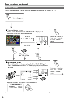 Page 24


Basic operations (continued)
This unit has the following 3 modes which can be selected by pressing [THUMBNAIL/MODE].
Operation modes
                Turn on the power.
  Thumbnail display screen
         On this screen, the data content on the P2 cards is displayed as 
thumbnails to play back or manage the clips.
Playback(PLAY, STILL, FF, REW)
Stop (STOP)
Hold down this button for at least 2 seconds to switch to the PC mode.
  Normal display screen
     •    Connect the unit to the devices...