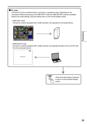 Page 25
5
Preparations

   Press and hold at least 2 seconds to return to the thumbnail display screen.
  PC mode
          Connect the unit to an external device, and save or manage the clips. Depending on the 
connection method and purpose, the USB HOST mode and USB DEVICE mode are available; perform the mode settings using the setting menu on the normal display screen.
    • USB HOST mode
      Connect to a device equipped with a USB connector, and operate the connected device.
   • USB DEVICE mode...