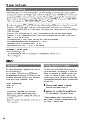 Page 32


USER button
The following features are allocated to the buttons at the time of shipping.You can assign EXIT function to USER2 button only as well as ALT function to USER3 button only.For details, refer to the USER1-3 items (Page 97) on the setting menu “SW MODE” screen.
USER1: SYS FORMATUSER2: EXITUSER3: ALT
The functions allocated to [USER] will be displayed while [MENU/MODE CHK] on the normal display screen is held down for at least 2 seconds.Depending on the mode, allocated functions may...