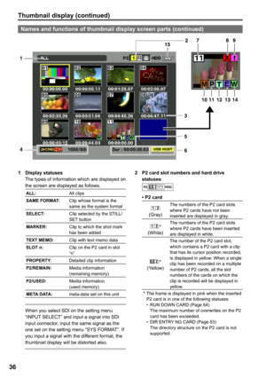 Page 36
6

Thumbnail display (continued)
Names and functions of thumbnail display screen parts (continued)
1 Display statusesThe types of information which are displayed on the screen are displayed as follows.
ALL:All clips
SAME FORMAT:Clip whose format is the same as the system format
SELECT:Clip selected by the STILL/SET button
MARKER:Clip to which the shot mark has been added
TEXT MEMO:Clip with text memo data
SLOT n:Clip on the P2 card in slot “n”
PROPERTY:Detailed clip information
P/REMAIN:
Media...