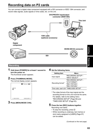 Page 63
Recording
6
Recording data on P cards
You can connect a digital video component equipped with a SDI connector or IEEE 1394 connector, and record video signals, audio signals or time codes, etc. on the unit.
()1(
HD/SD-SDI IN connector
SDI
DVCPRO/DV input/output connector (IEEE1394)
1394 cable (optional accessory)
Digital component
This Unit
1 Hold down [POWER] for at least 1 second to turn the power on.The thumbnail screen appears.
 Press [THUMBNAIL/MODE].The normal display screen...