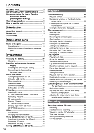 Page 10
10

Contents
Read this first! ................................................IMPORTANT SAFETY INSTRUCTIONS  .........5Recommendation for Use of Genuine Panasonic Battery  (Rechargeable Battery)  ..........................5Operating precautions  ...................................How to use the unit  ...................................... 1
Introduction
About this manual ........................................15Before use...