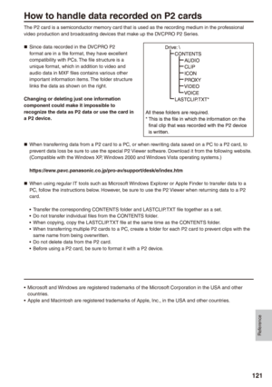 Page 121
Reference
11

How to handle data recorded on P cards
The P2 card is a semiconductor memory card that is used as the recording medium in the professional video production and broadcasting devices that make up the DVCPRO P2 Series.
Since data recorded in the DVCPRO P2 format are in a file format, they have excellent compatibility with PCs. The file structure is a unique format, which in addition to video and audio data in MXF files contains various other important information items. The folder...