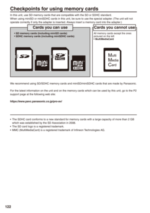 Page 122
1

Checkpoints for using memory cards
In this unit, use SD memory cards that are compatible with the SD or SDHC standard.When using miniSD or miniSDHC cards in this unit, be sure to use the special adapter. (The unit will not operate correctly if only the adapter is inserted. Always insert a memory card into the adapter.)
Cards you can use
• SD memory cards (including miniSD cards)• SDHC memory cards (including miniSDHC cards)
Cards you cannot use
All memory cards except the ones pictured on...
