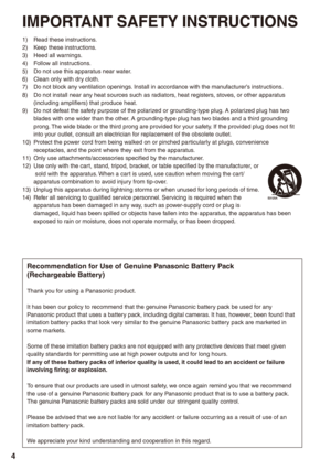 Page 4


IMPORTANT SAFETY INSTRUCTIONS
1) Read these instructions.2) Keep these instructions.3) Heed all warnings.4) Follow all instructions.5) Do not use this apparatus near water.6) Clean only with dry cloth.7) Do not block any ventilation openings. Install in accordance with the manufacturer’s instructions.8) Do not install near any heat sources such as radiators, heat registers, stoves, or other apparatus (including amplifiers) that produce heat.9) Do not defeat the safety purpose of the polarized or...