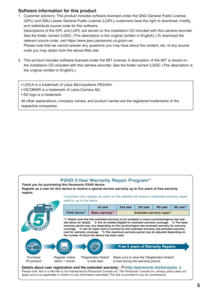 Page 5


Software information for this product1. Customer advisory: This product includes software licensed under the GNU General Public License (GPL) and GNU Lesser General Public License (LGPL); customers have the right to download, modify, and redistribute source code for this software.  Descriptions of the GPL and LGPL are stored on the installation CD included with this camera-recorder. See the folder named \LDOC. (The description is the original (written in English).) To download the relevant source...