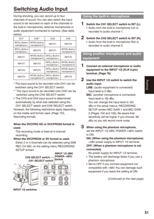 Page 51
Shooting
1

During shooting, you can record up to four channels of sound. You can also switch the input sound to be recorded on each of the channels to the built-in microphones, external microphones or audio equipment connected to camera. (See table below)
CH1*CH2**CH3CH4
INT(L): Built-in microphone LINT(R): Built-in microphone RINPUT1INPUT2
INT(L): Built-in microphone LINPUT2INPUT1INT(R): Built-in microphone R
INPUT1INT(R): Built-in microphone RINT(L): Built-in microphone LINPUT2...