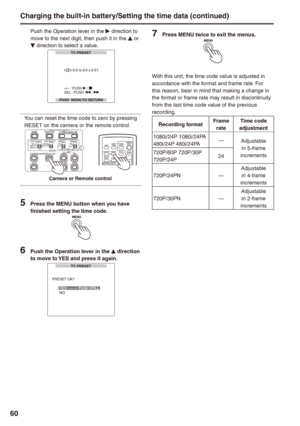 Page 60
0
Push the Operation lever in the q direction to move to the next digit, then push it in the e or 
r direction to select a value.TC PRESET
PUSH  MENU TO RETURN
MONTH
+/– : PUSH q / g
10 h 0 0 m 0 0 s 0 0 f
SEL : PUSH t / y
You can reset the time code to zero by pressing RESET on the camera or the remote control.BARS
CH1 SELECT
RESET/TC SETREC
CH2 SELECT
AUDIOINT(L)INPUT1INPUT2
SHUTTERSPEES SELECT
INT(R)INPUT2INPUT1
MIC POWER+48VONOFFINPUT2ONOFF
LCD
ZEBRA
EVF DTL
OIS
WFM
OSDCOUNTERRESETTITLE
VOL...