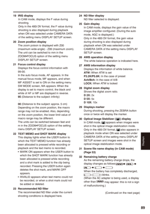 Page 89
Displays
89

19 IRIS displayIn CAM mode, displays the F value during shooting.Only in the 480i DV format, the F value during shooting is also displayed during playback when ON was selected under CAMERA DATA of the setting menu DISPLAY SETUP screen.
0 Zoom position displayThe zoom poison is displayed with Z00 (maximum wide-angle) - Z99 (maximum zoom).The unit can be switched to mm in the ZOOM•FOCUS option of the setting menu DISPLAY SETUP screen.
1 Focus control displayDisplays the focus...