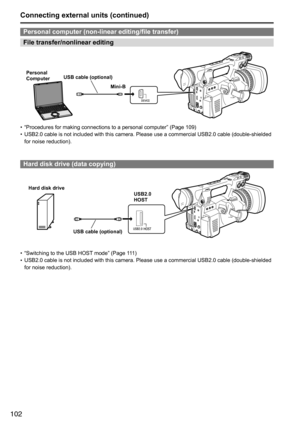 Page 102102
Connecting external units (continued)
Personal computer (non-linear editing/file transfer)
File transfer/nonlinear editing
Personal 
ComputerUSB cable (optional)
Mini-B
•	“Procedures	for	making	connections	to	a	personal	computer”	(Page	109)
•	 USB2.0	cable	is	not	included	with	this	camera.	Please	use	a	commercial	USB2.0	cable	(double-shielded	
for	noise	reduction).
Hard disk drive (data copying)
Hard disk drive
USB cable (optional) USB2.0  
HOST
•	
“Switching	to	the	USB	HOST
	mode”	(Page	111)
•...