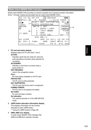 Page 131131
Displays
Mode check (MODE CHK) indication
Mode	check	(MODE	CHK)	provides	an	almost	complete	set	of	camera-recorder	information.	
Items	1	through	3	below	are	provided	only	by	mode	check	(MODE	CHK).
TC 12 :3 4 :5 6 :2 3 11
2 999minP 2FU LL P- PAU \fE 1-C L IP U\fER -1
1394
6\b
F BC
1 \b 8\b i
AVC-I 1\b\b
AB BNG
A W BNG
P 3.2 K
L T .B O X \b
dB/
1 6
N D 1
8 3% ND 1/4
\f EP 25 2\b1 1 2
\f PO T
F 5 .6 3
:5 9 :
4 5
m 9
m
1
Z \b.
6
\b :2 4P N
DR \f
1
2===== == = 1/25\bC
H
C
H
3 :D R \f M
E
L
IG H
T U
T \f...