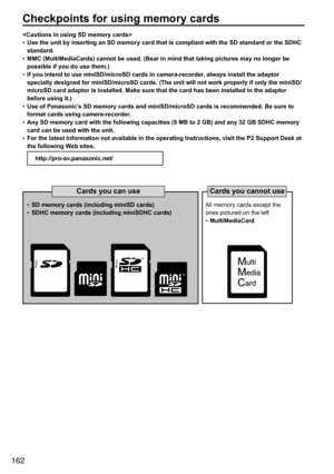 Page 162162
Checkpoints for using memory cards

•	Use the unit by inserting an SD memory card that is compliant with the SD standard or the SDHC 
standard.
•	 MMC (MultiMediaCards) cannot be used. (Bear in mind that taking pictures may no longer be 
possible if you do use them.)
•	 If you intend to use miniSD/microSD cards in camera-recorder, always install the adaptor 
specially designed for miniSD/microSD cards. (The unit will not work properly if only the miniSD/
microSD card adaptor is installed. Make sure...