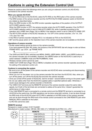 Page 165165
Reference
Cautions in using the Extension Control Unit
Please	be	cautious	about	the	followings	when	you	are	using	an	extension	control	unit	(AG-EC4G)	
connected	to	the	camera	recorder.
When you operate AG-EC4G
•	To	use	the	IRIS	knob	on	the	
AG-EC4G,	select	AUTO	IRIS	on	the	IRIS	button	of	the	camera	recorder.
•	 The	DRS	function	of	the	camera	recorder	and	the	OUTPUT/AUTO	KNEE	selection	switch	of	
AG-EC4G	
are	related	as	described	below.		
When	the	DRS	function	is	ON,	the	DRS	function	operates...