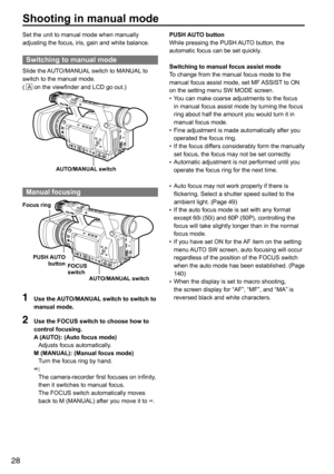 Page 2828
Shooting in manual mode
PUSH AUTO button
While	pressing	the	PUSH	AUTO	button,	the	
automatic	focus	can	be	set	quickly.
Switching to manual focus assist mode
To	change	from	the	manual	focus	mode	to	the	
manual	focus	assist	mode,	set	MF	 ASSIST	to	ON	
on	the	setting	menu	SW	MODE	screen.
•	 You	can	make	coarse	adjustments	to	the	focus	
in	manual	focus	assist	mode	by	turning	the	focus	
ring	about	half	the	amount	you	would	turn	it	in	
manual	focus	mode.
•	 Fine	adjustment	is	made	automatically	after	you...