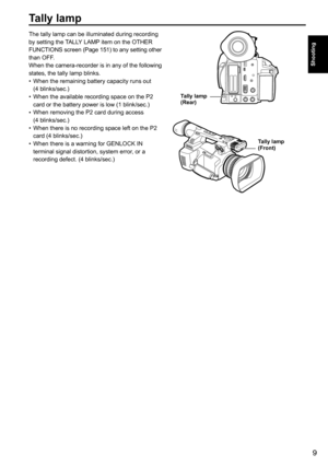 Page 99
Shooting
Tally lamp
Tally lamp 
(Front)
Tally lamp 
(Rear)
The	tally	lamp	can	be	illuminated	during	recording	
by	setting	the	
TALLY	LAMP 	item	on	the	OTHER	
FUNCTIONS 	screen 	(Page 	151) 	to 	any 	setting 	other	
than	OFF.
When 	the 	camera-recorder 	is 	in 	any 	of 	the 	following	
states,	the	tally	lamp	blinks.
•	 When	the	remaining	battery	capacity	runs	out	
(4	blinks/sec.)
•	 When	the	available	recording	space	on	the	P2	
card	or	the	battery	power	is	low	(1	blink/sec.)
•	 When	removing	the	P2	card...