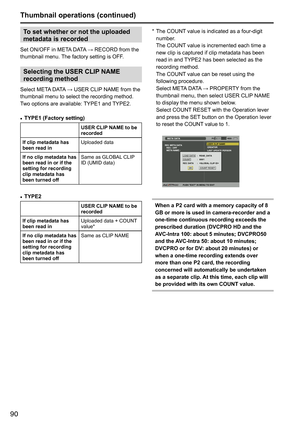 Page 9090
*		
The	COUNT 	value	is	indicated	as	a	four-digit	
number.	
The	COUNT 	value	is	incremented	each	time	a	
new	clip	is	captured	if	clip	metadata	has	been	
read	in	and	 TYPE2	has	been	selected	as	the	
recording	method.
The	COUNT 	value	can	be	reset	using	the	
following	procedure.
Select	META 	DATA	→	PROPERTY 	from	the	
thumbnail	menu,	then	select	USER	CLIP 	NAME	
to	display	the	menu	shown	below.	
Select	COUNT 	RESET	with	the	Operation	lever	
and	press	the	SET 	button	on	the	Operation	lever	
to	reset	the...