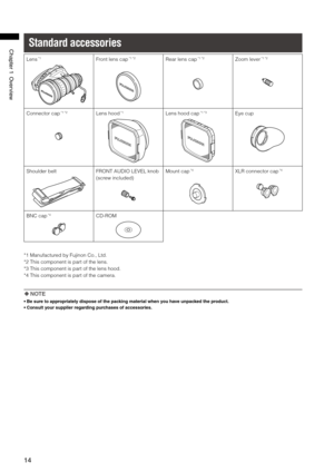 Page 14
1
Chapter1Overview
Standard accessories
Lens *1Front lens cap *1 *2Rear lens cap *1 *2Zoom lever *1 *2
Connector cap *1 *2Lens hood *1Lens hood cap *1 *3Eye cup
Shoulder beltFRONT AUDIO LEVEL knob 
(screw included)
Mount cap *4XLR connector cap *4
BNC cap *4CD-ROM
*1 Manufactured by Fujinon Co., Ltd.
*2 This component is part of the lens.
*3 This component is part of the lens hood.
*4 This component is part of the camera.
 NOTE
•   Be sure to appropriately dispose of the packing material...