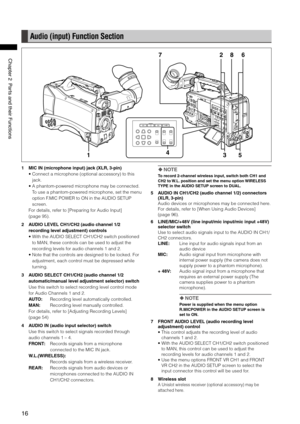 Page 16
1
ChapterPartsandtheirFunctions

Audio (input) Function Section
1
627
354
8
1 MIC IN (microphone input) jack (XLR, 3-pin)
•  Connect a microphone (optional accessory) to this 
jack.
•  A phantom-powered microphone may be connected. 
To use a phantom-powered microphone, set the menu 
option F.MIC POWER to ON in the AUDIO SETUP 
screen.
For details, refer to [Preparing for Audio Input] 
(page 95).
2  AUDIO LEVEL CH1/CH2 (audio channel 1/2 
recording level adjustment)...