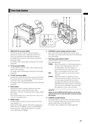 Page 23

ChapterPartsandtheirFunctions

Time Code Section
654
78
132
1 GENLOCK IN connector (BNC)
Use this connector to input a reference signal to 
genlock the camera unit or externally lock the time 
code. The subcarrier of the VBS signal output by 
the VIDEO OUT connector of the camera cannot be 
externally locked.
For details, refer to [Externally Locking the Time Code] 
(page 62).
2 TC IN connector (BNC)
To externally lock the time code, input a reference time 
code...