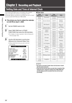 Page 26

ChapterRecordingandPlayback

Chapter 3  Recording and Playback
Setting Date and Time of Internal Clock
The CLOCK SETTING value is recorded in the contents 
(clip), and affects the sequence of playback of the 
thumbnails. Before carrying out recording, be sure to check 
and set CLOCK SETTING and TIME ZONE.
  This shows you how to adjust the calendar 
to 5:20 PM on April 1, 2009.
1 SetthePOWERswitchtoON.
2Select...
