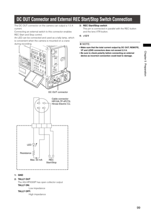 Page 99

ChapterPreparation

DC OUT Connector and External REC Start/Stop Switch Connection
The DC OUT connector on the camera can output a 1.5 A 
current.
Connecting an external switch to this connector enables 
REC Start and Stop control.
An LED can be connected and used as a tally lamp, which 
is convenient when the camera is mounted on a crane 
during recording.
DCOUTconnector
1
23
4
LED
REC
Cableconnector
HR10A-P-P()
HiroseElectricCo....