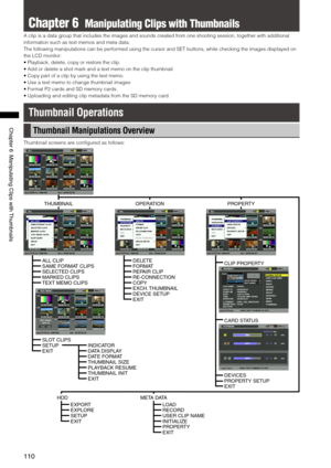 Page 110
110
Chapter6ManipulatingClipswith Thumbnails

Chapter 6  Manipulating Clips with Thumbnails
A clip is a data group that includes the images and sounds created from one shooting session, together with additional 
information such as text memos and meta data.
The following manipulations can be performed using the cursor and SET buttons, while checking the images displaye\
d on 
the LCD monitor:
• Playback, delete, copy or restore the clip.
•   Add or delete a shot mark and a text...