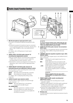 Page 19
19
ChapterPartsandtheirFunctions

Audio (input) Function Section
1
627
354
8
1 MIC IN (microphone input) jack (XLR, 3-pin)
•  Connect a microphone (optional accessory) to this 
jack.
•   A phantom-powered microphone may be connected. 
To use a phantom-powered microphone, set the menu 
option F.MIC POWER to ON in the AUDIO SETUP 
screen.
For details, refer to [Preparing for Audio Input] 
(page 104).
2  AUDIO LEVEL CH1/CH2 (audio channel 1/2 
recording level adjustment)...