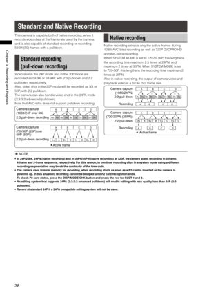 Page 38
8
ChapterRecordingandPlayback

Standard and Native Recording
This camera is capable both of native recording, when it 
records video data at the frame rate used by the camera, 
and is also capable of standard recording or recording 
59.94 (50) frames with a pulldown.
Standard recording  
(pull-down recording)
Video shot in the 24P mode and in the 30P mode are 
recorded as 59.94i or 59.94P, with 2:3 pulldown and 2:2 
pulldown, respectively.
Also, video shot in the 25P mode...
