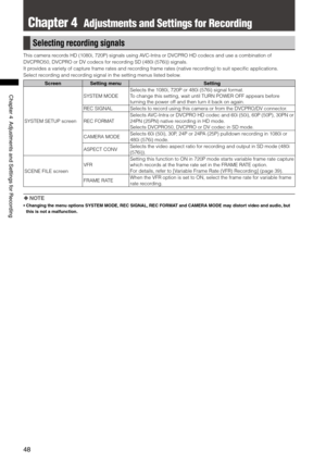Page 48
48
Chapter4AdjustmentsandSettingsforRecording

Chapter 4  Adjustments and Settings for Recording
Selecting recording signals
This camera records HD (1080i, 720P) signals using AVC-Intra or DVCPRO HD codecs and use a combination of 
DVCPRO50, DVCPRO or DV codecs for recording SD (480i (576i)) signals.
It provides a variety of capture frame rates and recording frame rates (native recording) to suit specific applications.
Select recording and recording signal in the setting...