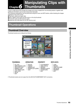 Page 103
103Thumbnail Operations
Chapter 6  Manipulating Clips with Thumbnails
Chapter6
Manipulating Clips with 
Thumbnails
A clip is a data group that includes the images and voices created from one shooting session, together with 
additional information such as text memos and meta data.
The following manipulations can be performed using the cursor and SET buttons, while checking the images 
displayed on the LCD monitor:
● Play back, delete and repair clips
● Add or delete a shot mark and text memo on the clip...