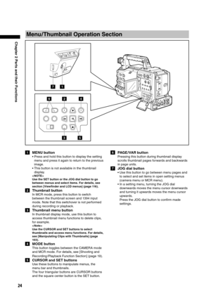 Page 24
24
Chapter 2 Parts and their Functions

1  MENU button
•  Press and hold this button to display the setting menu and press it again to return to the previous 
image.
•  This button is not available in the thumbnail  display. 
< NOTE >
Use the SET button or the JOG dial button to go 
between menus and select items. For details, see 
section [Viewﬁnder and LCD menus] (page 116) .
2  Thumbnail button
In MCR mode, press this button to switch 
between the thumbnail screen and 1394 input 
mode. Note that this...