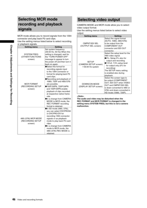 Page 46
46Video and recording formats
Chapter 4 Adjustments and Settings for Recording

Selecting MCR mode 
recording and playback 
signals
MCR mode allows you to record signals from the 1394 
connector and play back P2 card clips. 
Use the setting menus listed below to select recording 
or playback signals. 
Setting menuSetting
SYSTEM FREQ 
 
(OTHER FUNCTIONS  screen) Set system frequency. 
(59.94 Hz, 50 Hz) When this 
setting is changed, wait for 
the “TURN POWER OFF” 
message to appear to turn 
the power off...