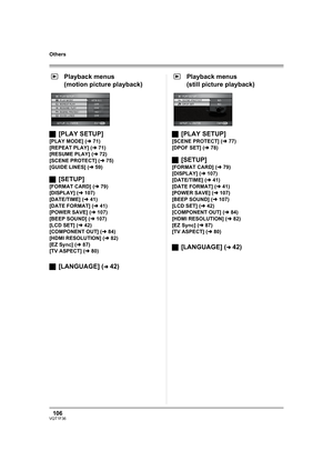 Page 106106VQT1F36
Others
Playback menus
(motion picture playback)
ª[PLAY SETUP]
[PLAY MODE] (l71)
[REPEAT PLAY] (l71)
[RESUME PLAY] (l72)
[SCENE PROTECT] (l75)
[GUIDE LINES] (l59)
ª[SETUP]
[FORMAT CARD] (l79)
[DISPLAY] (l107)
[DATE/TIME] (l41)
[DATE FORMAT] (l41)
[POWER SAVE] (l107)
[BEEP SOUND] (l107)
[LCD SET] (l42)
[COMPONENT OUT] (l84)
[HDMI RESOLUTION] (l82)
[EZ Sync] (l87)
[TV ASPECT] (l80)
ª[LANGUAGE] (l42)Playback menus
(still picture playback)
ª[PLAY SETUP]
[SCENE PROTECT] (l77)
[DPOF SET] (l78)...