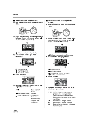 Page 136136VQT1F36
Others
ªReproducción de películas
1) Gire el selector de modo para seleccionar 
.
2) Pulse el cursor hacia arriba y luego hacia 
la izquierda para seleccionar la ficha   
(reproducción de películas).
AFicha reproducción de películas 
3) Seleccione la escena que desea 
reproducir. 
BPágina anterior
CPágina siguiente
DNúmero de escena
4) Pulse el cursor.
5) Mueva el cursor para realizar una de las 
siguientes operaciones.
1/;: Reproducción/
Pausa
6 (Mover y sostener): Revisión
5 (Mover y...