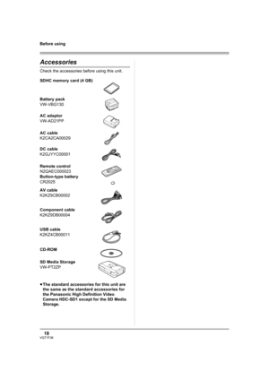 Page 1818VQT1F36
Before using
Accessories
Check the accessories before using this unit.
≥The standard accessories for this unit are 
the same as the standard accessories for 
the Panasonic High Definition Video 
Camera HDC-SD1 except for the SD Media 
Storage. SDHC memory card (4 GB)
Battery pack
VW-VBG130
AC adaptor
VW-AD21PP
AC cable
K2CA2CA00029
DC cable
K2GJYYC00001
Remote control
N2QAEC000023
Button-type battery
CR2025
AV cable
K2KZ9CB00002
Component cable
K2KZ9DB00004
USB cable
K2KZ4CB00011
CD-ROM
SD...