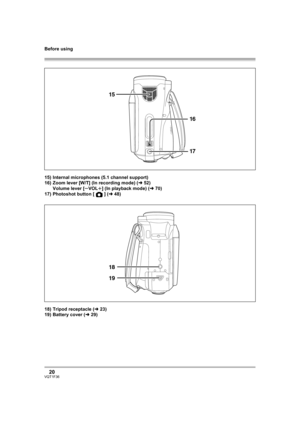 Page 20Before using
20VQT1F36
15) Internal microphones (5.1 channel support)
16) Zoom lever [W/T] (In recording mode) (l52)
Volume lever [sVOLr] (In playback mode) (l70)
17) Photoshot button [ ] (l48)
18) Tripod receptacle (l23)
19) Battery cover (l29)
15
1
6
17
18
19
VQT1F36_ENG_PP.book  20 ページ  ２００７年２月２６日　月曜日　午前１１時２９分 