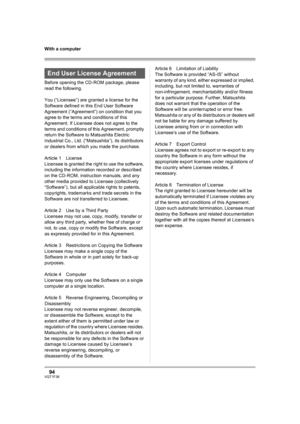 Page 9494VQT1F36
With a computer
Before opening the CD-ROM package, please 
read the following.
You (“Licensee”) are granted a license for the 
Software defined in this End User Software 
Agreement (“Agreement”) on condition that you 
agree to the terms and conditions of this 
Agreement. If Licensee does not agree to the 
terms and conditions of this Agreement, promptly 
return the Software to Matsushita Electric 
Industrial Co., Ltd. (“Matsushita”), its distributors 
or dealers from which you made the...