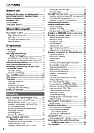 Page 6
6
Contents
Before use
Software information for this product .......... 4
IMPORTANT SAFETY INSTRUCTIONS ......... 5
Outline of operations ..................................... 8
Read this first! .............................................. 10
Accessories .................................................. 11
About this manual ........................................ 11
Description of parts
Description of parts ..................................... 12Right side and rear side...