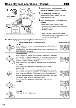 Page 62
62
2
3
VCR DUB
MCR
PC
CAMERA
1
P2 TAPE
Lock release
1 Before turning the POWER switch to ON
Set the MEDIA switch to the P2 position.
2  Turn the POWER switch to ON.
While pressing the lock release, turn the 
POWER switch to ON.
3  Press the mode button so the MCR lamp turns on.
The camera is now in the MCR mode.
•  Each time you press the button, the mode  changes as below.
 MCR 
 CAMERA
  When you press the mode button while  MCR is selected, the unit enters the PC (PC 
connection) mode. (Page 82)...